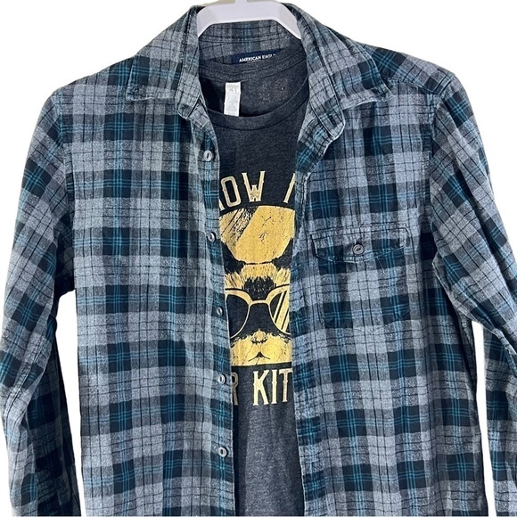 AMERICAN Eagle Black Teal Plaid Button Down Flannel Long Sleeved Shirt Slim Fit - Picture 3 of 8